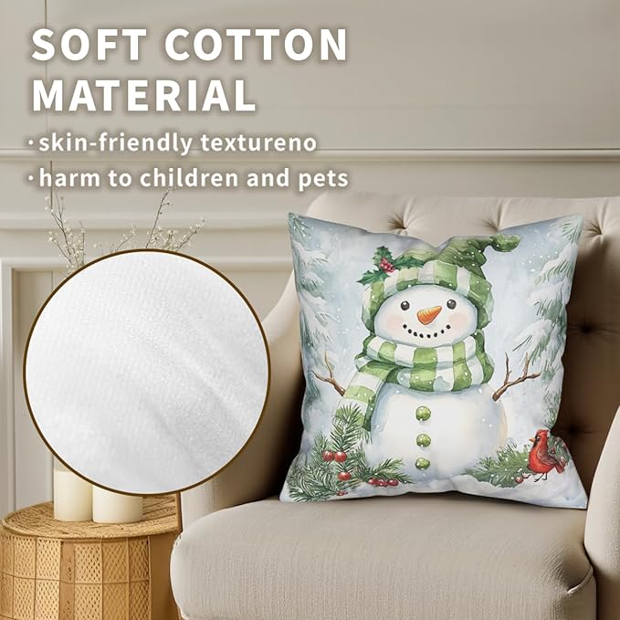 Set of 2 Winter Pillow Covers 18x18 Green Snowman Pine Tree Holly Berry Cardinal Bird Throw Pillow Covers Holiday Pillow Case for Home Decor Couch Sofa