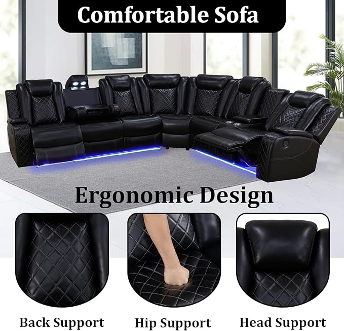 Power Reclining Sectional Sofa Set with LED Lights, Vegan Leather Recliner Sectional Couch for Living Room Furniture,Wireless Charging/USB Charging/Reading Lamp/Armrest Storage,Black