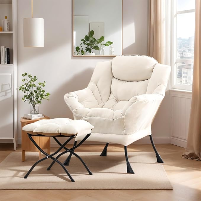 Lazy Chair with Ottoman, Large Beige Accent Chair with Ottoman, Comfy Reading Armchair, Leisure Sofa Chair for Living Room, Bedroom, Dorm Room, Office