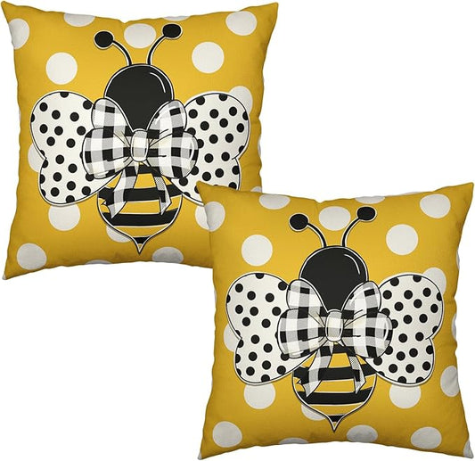 Bee Pillow Covers 22x22 Inch Spring Summer Bumblebee Farmhouse Decorative Pillowcase Set of 2 Yellow White Polka Dots Outdoor Pillows Cases Soft Linen Cushion Cover for Home Couch Sofa