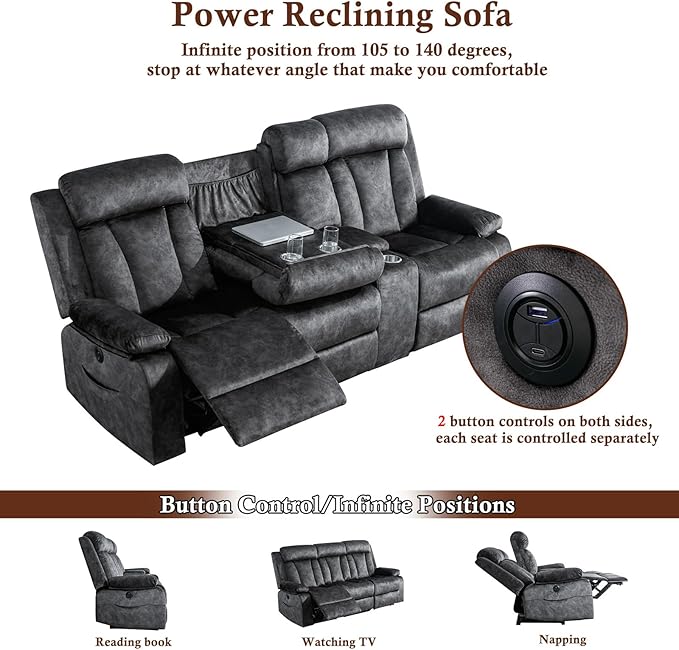 GUEAPY Power Reclining Sofa with Massage & Heat, 3 Seater Power Recliner Sofa Couch with USB & Type-C Ports, Center Console, Cup Holders & Storage for Living Room & Home Theater RV (Charcoal Grey)