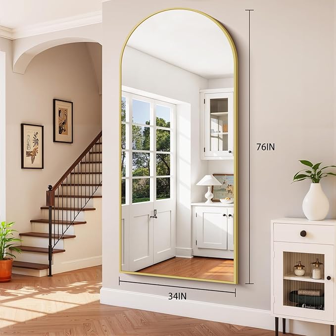 76"x34" Arched Full Length Mirror, Large Floor Mirror with Aluminum Alloy Frame Standing Hanging or Leaning Wall-Mounted Mirror, Vanity Mirror for Living Room and Bedroom,Gold