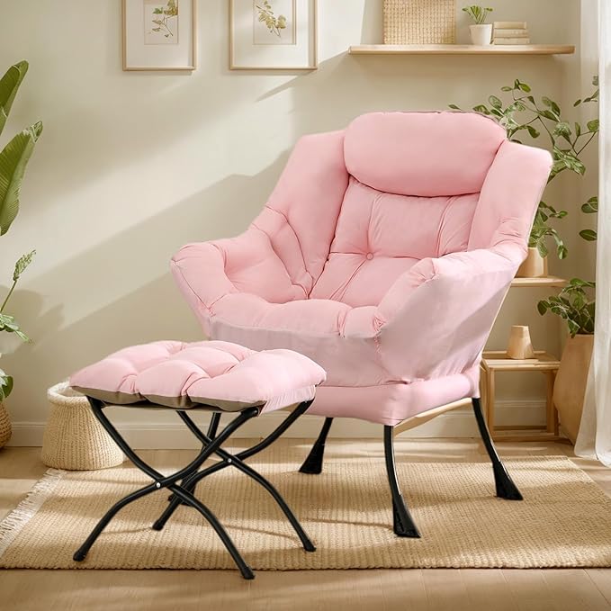 Lazy Chair with Ottoman, Large Pink Accent Chair with Ottoman, Comfy Reading Armchair, Leisure Sofa Chair for Living Room, Bedroom, Dorm Room, Office