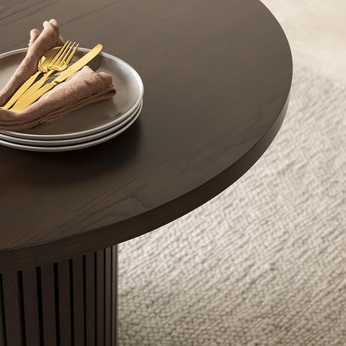Transformer Table - Solid Wood Extendable Round Dining Table Set with Bench, Seats 4-10, Extendable Round Dining Set, Seat with Hidden Panel Storage, Dark Brown (Table + Bench)