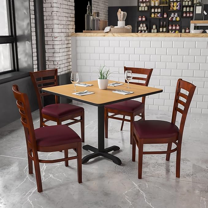 Flash Furniture HERCULES Series Ladder Back Mahogany Wood Restaurant Chair - Burgundy Vinyl Seat