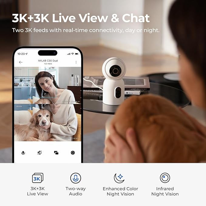 IMILAB C30 Dual 3K+3K Indoor Security Camera, 360° Pan Tilt Pet/Baby/Kid Camera, Room Cam w/Human & Pet Tracking, Smoke Detection, Color Night Vision, 5G WiFi Plug-in Cam, Wall Mount, No Monthly Fee