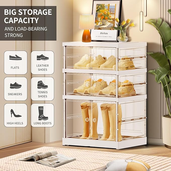 3-Tier Foldable Shoe Rack for Closet Entryway 3-6Pairs,Stackable Clear Shoe Storage Boxes Organizer with Door Plastic Shoe Cabinet Bins with Lids Shoes Shelf Easy Assembly Large White