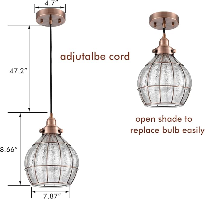 YUBOLE Glass Pendant Light Red Antique Copper Dimmable Kitchen Hanging Light Fixture Cracked Glass Shade Lighting for Dining Table Foyer Bedroom