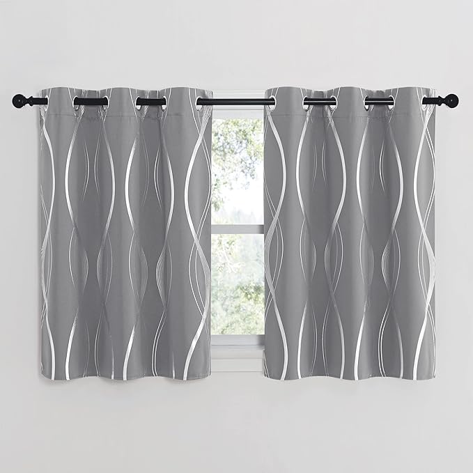 NICETOWN Kitchen Blackout Curtain Panels, Silver Grey, Set of 2, 42" by 40", Window Treatment Thermal Insulated Solid Grommet Blackout Wave Line Foil Print Design Curtains for Kitchen, Cafe, Loft