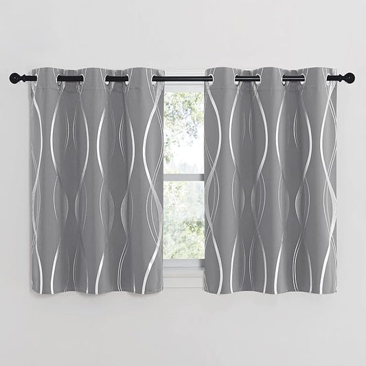 NICETOWN Kitchen Blackout Curtain Panels, Silver Grey, Set of 2, 42" by 40", Window Treatment Thermal Insulated Solid Grommet Blackout Wave Line Foil Print Design Curtains for Kitchen, Cafe, Loft