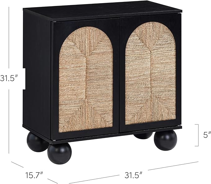 Nathan James Leah Boho Entryway Storage Cabinet or Sideboard Cabinet for Kitchen or Living Room with Ball-Style Feet, Natural Seagrass Door Fronts and Solid Wood Legs, Black