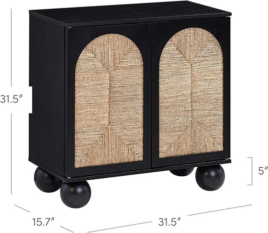 Nathan James Leah Boho Entryway Storage Cabinet or Sideboard Cabinet for Kitchen or Living Room with Ball-Style Feet, Natural Seagrass Door Fronts and Solid Wood Legs, Black