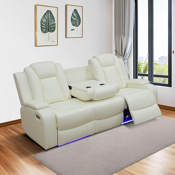 Power Recliner Sofa Set, Air Leather Reclining Couch with LED, 3 Pieces Reclining Living Room Furniture, Burgundy Leather Sofa and Loveseat Chair for House/Apartment/Office