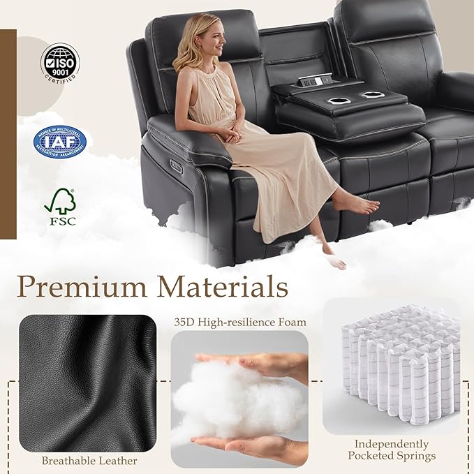 Power Reclining Sofa Set, Power Recliner Sofa and Loveseat Set with LED Light/Bluetooth Speakers, Electric Reclining Sofa Couch Living Room Set for Home, Office(Black, Sofa+Loveseat) | pu leather, Bluetooth Speakers, LED Light, outlets, Storage Drawer