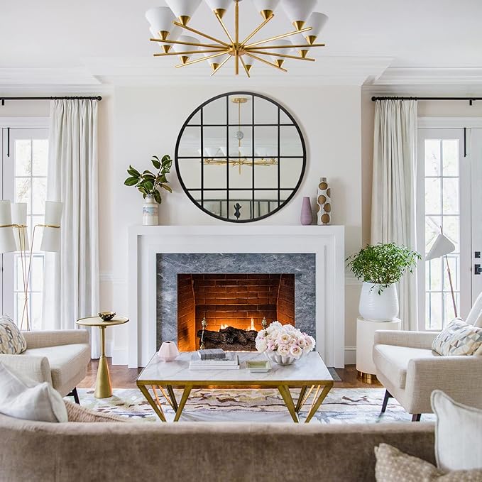 36 Inch Round Grid Wall Mirror, Metal Framed Window Pane Circle Mirror, Accent Decorative Mirrors, Circle Window Mirrors for Entry, Living Room, Bedroom, Matte Black