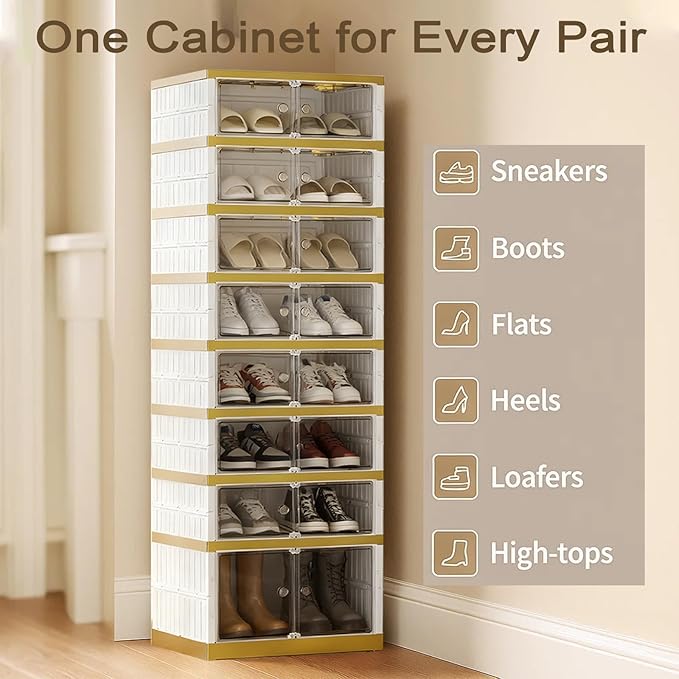 Foldable Shoe Rack Organizer Folding Shoe Boxes, 9 Tier 18 Pairs Storage Shoe Cabinet Collapsible Shoe Rack with Magnetic Clear Door Easy Assembly Shoe Cabinet with Wheels, White Gold
