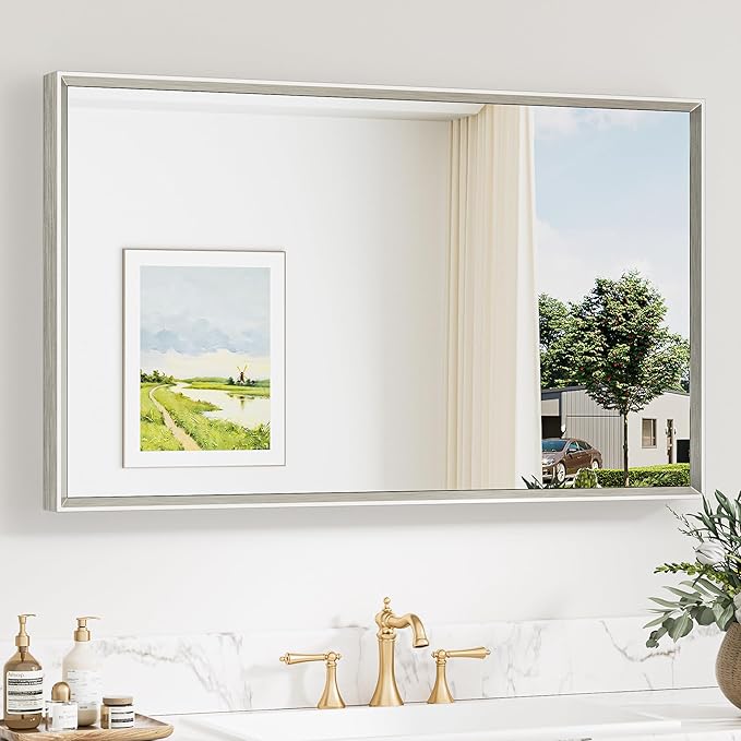 Keonjinn 40 x 24 Inch Brushed Nickel Bathroom Mirrors for Over Sink, Beveled Rectangle Framed Mirrors for Wall, Farmhouse Bathroom Vanity Mirror, Tempered Glass, Square Corner
