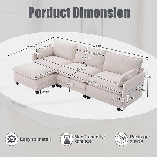 103" Oversized Modular Sectional Sofa Couch with Reversible Ottoman, Free Combination Convertible Corner Couch,Corduroy Upholstered Cloud Sectional Couch with Side Pockets | Multiple Cushions, DIY Combination, Removable Cover