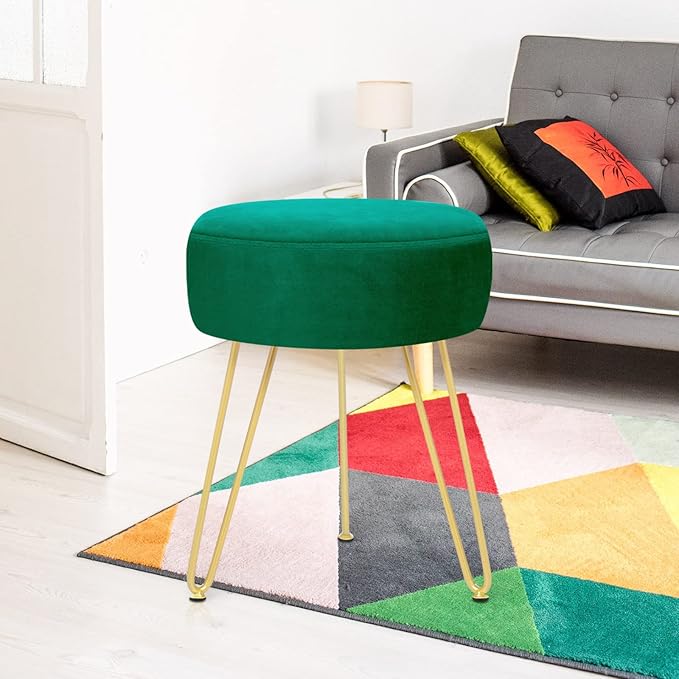 Velvet Soft Modern Vanity Footstool -Round Footrest Stool Ottoman Side Table Seat Dressing with Golden Metal Leg and Sponge Filling,Upholstered Foot Rest, for Living Room and Bedroom Teal