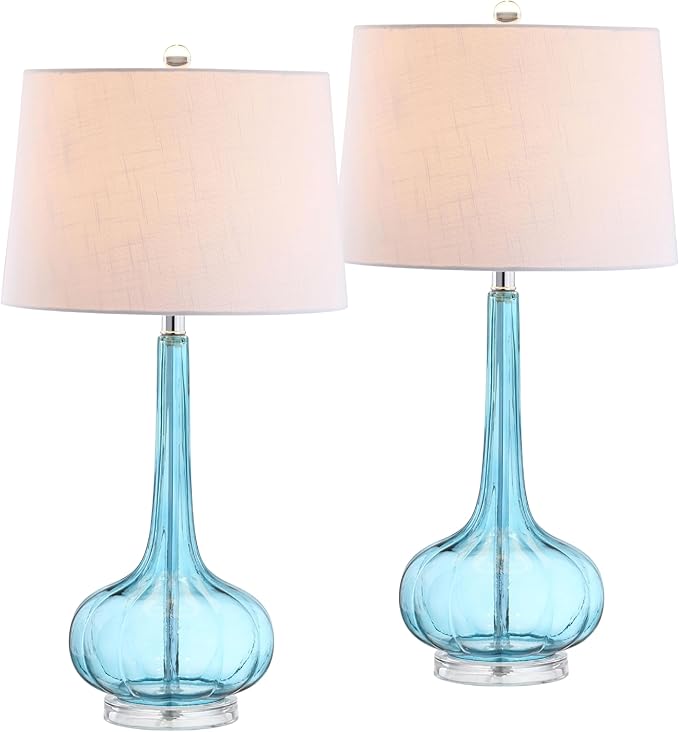JONATHAN Y 28.5" Aqua Glass Teardrop LED Table Lamp Set of 2 for Living Room Bedroom Nightstand, White Linen Shade Modern Transitional Bedside Desk Lamp (JYL1079B-SET2)