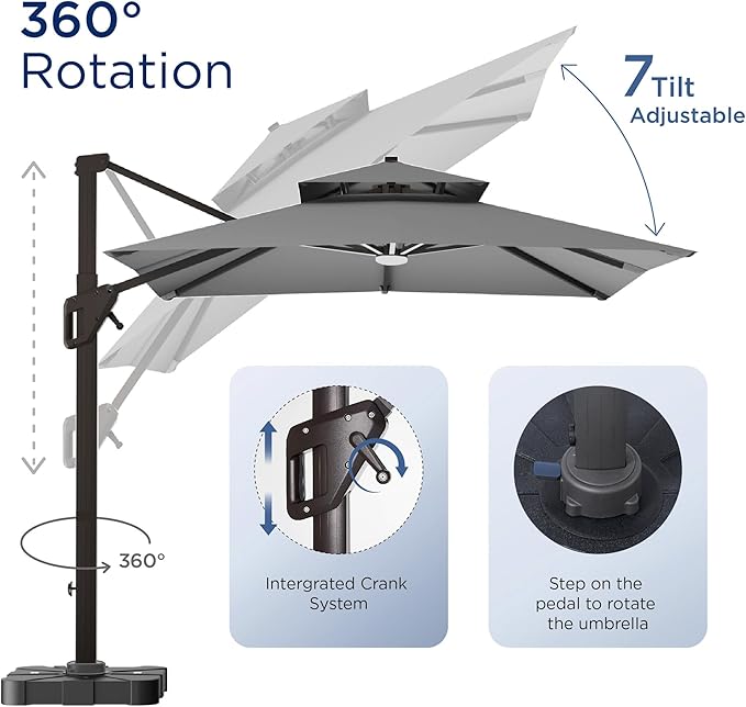 10' X 13' Patio Umbrella with Weighted Base and LED Lights Outdoor Cantilever Large Rectangle Offset Umbrellas Heavy Duty Aluminum Double Top with 360-degree Rotation for Pool Garden Deck, Grey