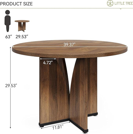 LITTLE TREE 39-Inch Round Dining Table for 4, Rustic Kitchen Table with X-Shaped Stable Pedestal, Farmhouse Dinner Table for Dining Room, Living Room, Dark Brown