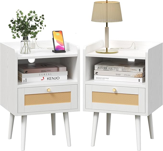 Night Stand Set 2, Nightstands Set of 2 with Charging Station, Rattan Side Tables with Solid Wood Legs, Boho Bedside End Table for Farmhouse Bedroom Dorm Small Space - White