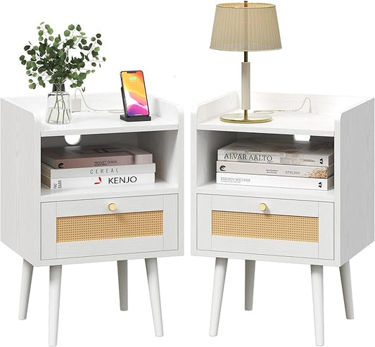 Night Stand Set 2, Nightstands Set of 2 with Charging Station, Rattan Side Tables with Solid Wood Legs, Boho Bedside End Table for Farmhouse Bedroom Dorm Small Space - White