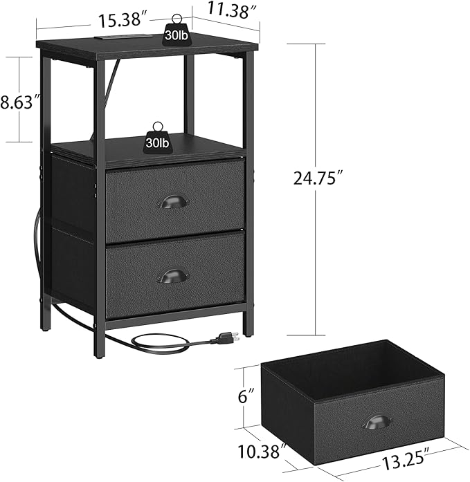 Nightstand with Charging Station, Night Stand with 2 Fabric Drawers PU Finish, Bedside Table End Table with LED Light, 3-Tier Storage Side Table Nightstand with Drawers for Bedroom,Black