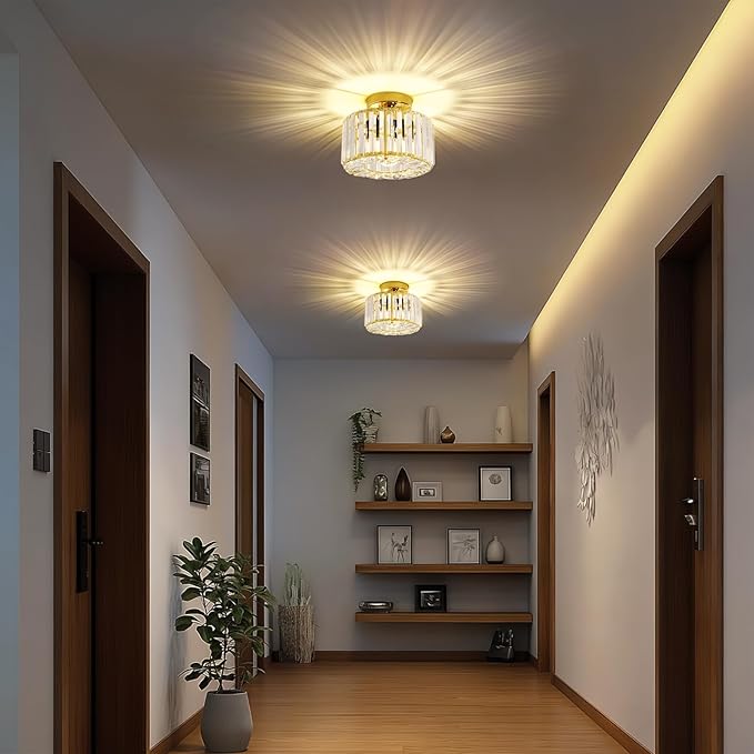 FRIDEKO HOME Crystal Ceiling Light - Gold Small Chandelier Semi Flush Mount Ceiling Light Fixture Modern Lights for Hallway Bathroom Kitchen Entryway (9.05 Inch, Bulb not Included)