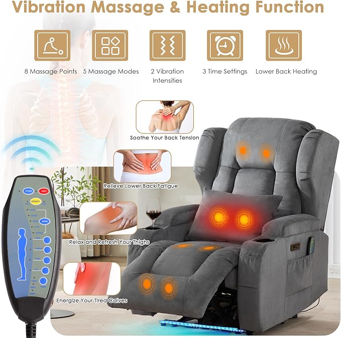 SAMERY Power Recliner Chair, Electric Wall Hugger Recliner Chair Reclining Sofa Home Theater Seating for Living Room with Massage & Heat, USB, LED Lights, Cup Holders, Side Pockets, Lumbar Pillow | 1-Inch Wall Hugger, Extra Wide Seat, Full Body Comfort...