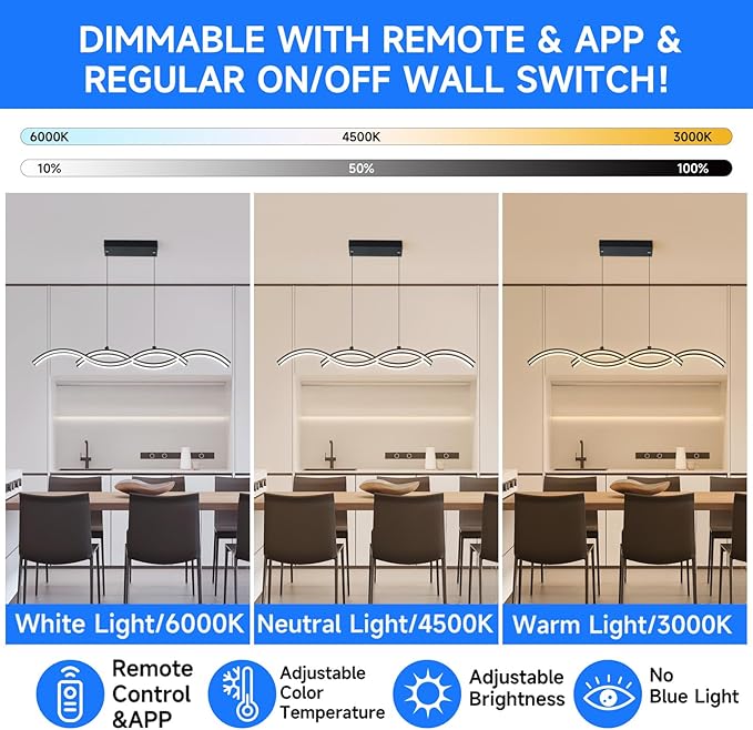 Modern LED Pendant Lights, Dimmable 39in Linear Wave LED Chandelier Lighting, Black Dining Room Hanging Light Fixtures Kitchen Island Linear Pendant Light for Dining Table (4200lm,Upgraded)