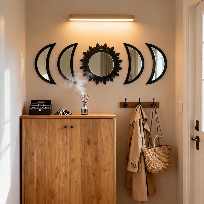 5 Pieces Moon Phase Mirror Wall-Mounted Wall Decor Mirrors Natural Wooden Sunburst Bohemian Wall Art for Home Living Room Bedroom Decoration