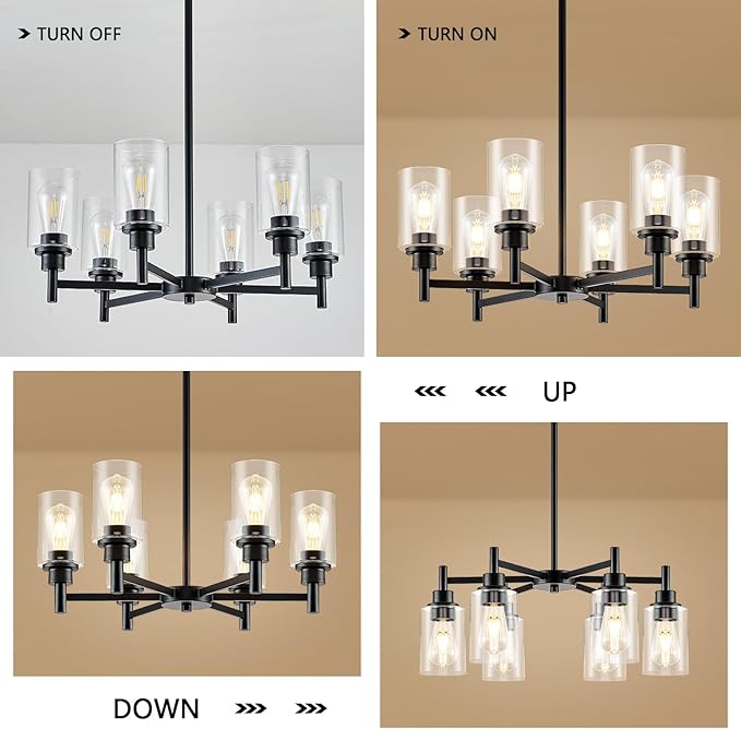 Modern Black Chandeliers for Dining Room, 6-Light Chandelier Light Fixture with Clear Glass Shades, Metal Hanging Pendant Lighting for Living Room, Kitchen, Staircase, Entryway