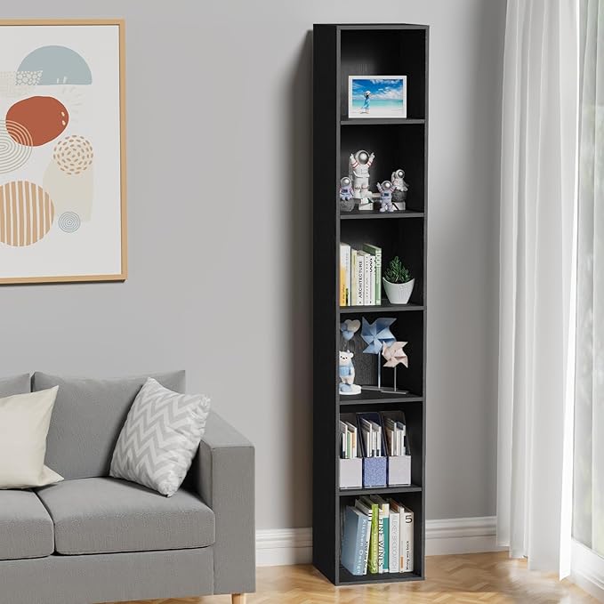 6 Tier Bookshelf, Open Tall Narrow Floor Standing Bookcase, Storage Organizer Bookshelves Freestanding Book Shelf for Living Room, Bedroom, Home Office (Black, 6 Cube)