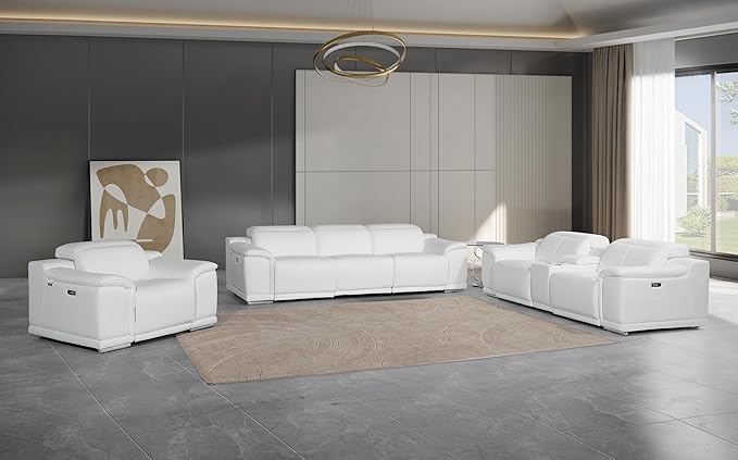 BlackJack Furniture Venice Top Grain Italian Leather Recliner 7 Seater 6 Power Reclining 3 Piece Sofa Set with Adjustable Headrests Modern Seating Sofa, Loveseat and Chair for Living Room , White