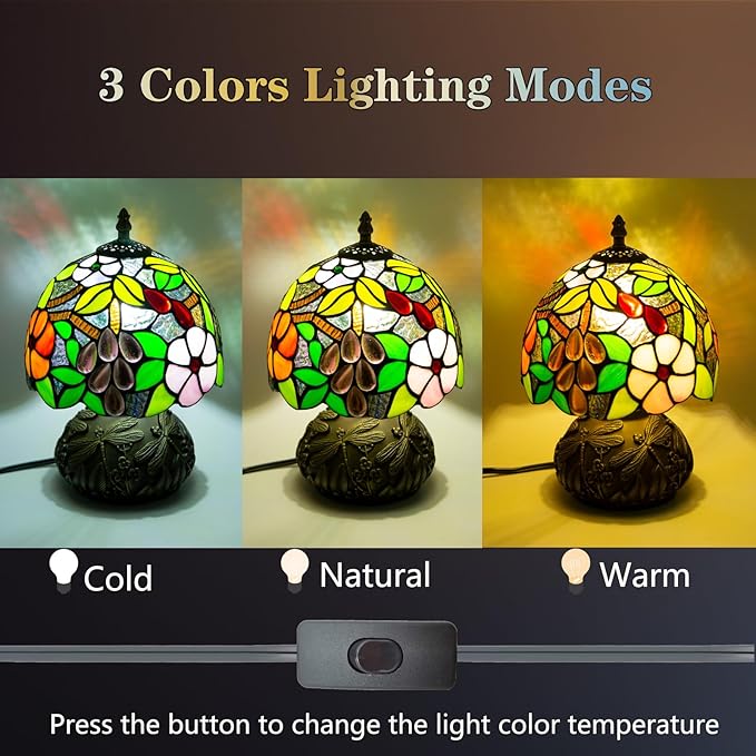 JHuiLap Small Tiffany Stained Glass Lamp, 3 Color Temperatures Bedside Lamp, 8 Inch Mushroom Desk Light for Bedroom Living Room Office Home Decor (Grape Pattern)