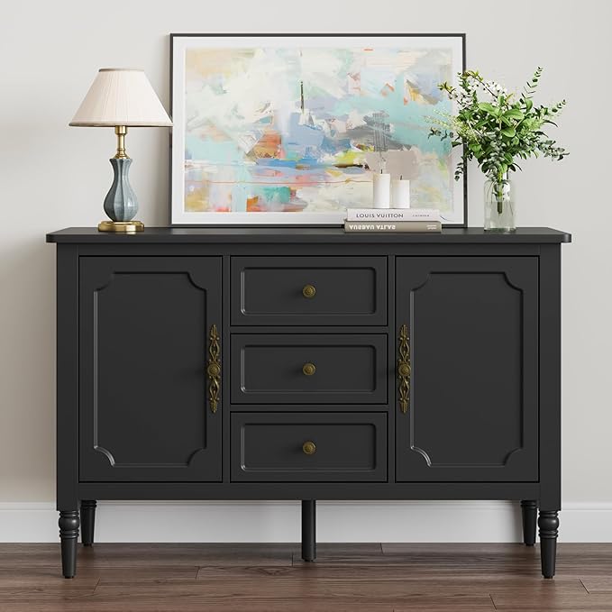 RoyalCraft Buffet Cabinet with 3 Drawers & 2 Doors, Vintage Sideboard with Storage, Mid Century Modern Painted Coffee Bar Table for Entryway, Living Room, Dining Room, Black