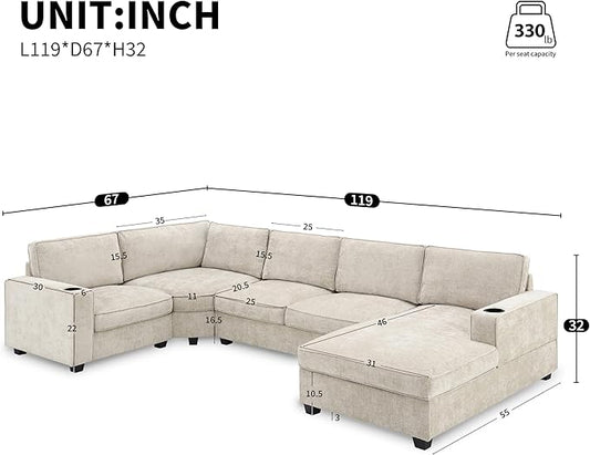 Merax Modern Oversized U-Shaped Sectional Sofa with Cup Holders & Chaise Lounge, Chenille 6-Seat Couch Set Sleeper Bed with Deep Seat Beige