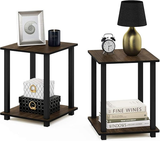 Furinno SIMPLISTIC Side Table Set of 2, 2-Tier Square Modern End Table, Nightstand, Night Stand, Bedside Table, Toolless Assembly, for Living Room, Bedroom, Columbia Walnut