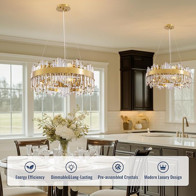 Gold Crystal Chandelier for Dining Room, 12-Light Modern Chandelier, 23.6-inch K9 Crystal Raindrop Ceiling Light, Luxury Flush Mount Light Fixture for Kitchen Living Room Entryway Bedroom