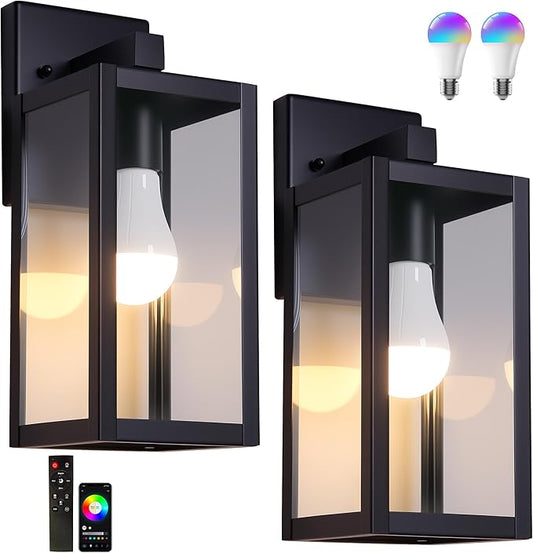 Outdoor Wall Light with Smart Bulb Exterior Lighting Fixtures Waterproof Porch Lights Outdoor Anti-Rust Wall Lantern with Clear Glass Outside Lights for House -2 Pack