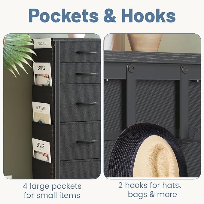 HCHQHS Dresser for Bedroom with 13 Drawers, 47 Inch Fabric Dresser with Remote Control Lights, Side Pockets & Hooks for Closet or Large TV Stand (Black)