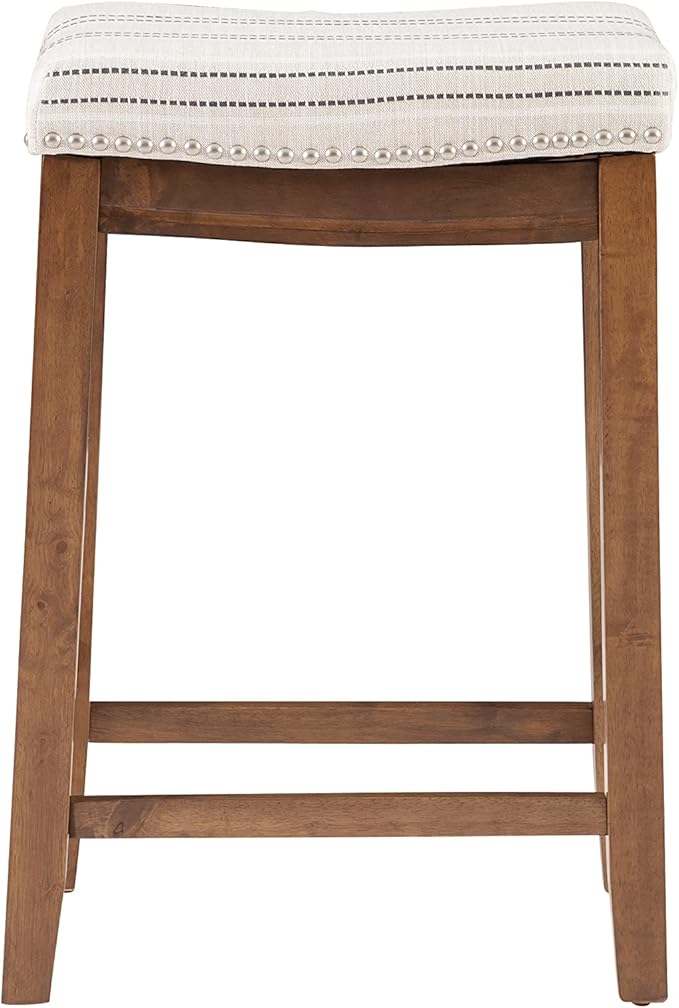 Linon Kingston Natural Wood with Upholstered Linen seat 24 Inch Seat Height Backless Counter Stool
