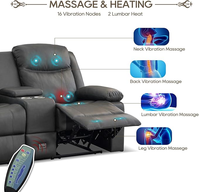 Loveseat Recliner Sofa, PU Leather Sofa Couch, Manual Recliner Loveseat with Console, Double Reclining RV Sofa with Cup Holders and Side Pocket for Living Room/Office/Apartment (Grey) | Heating & Massage, Hidden Drawer