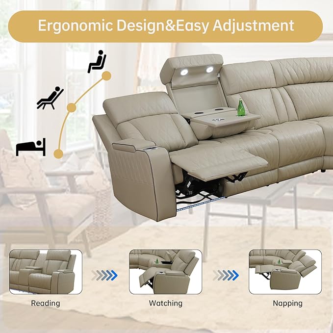 Power Reclining Leather Sectional Sofa for Home Theater, Electric Recliner Couch with Wireless Power, LED Ambient Lighting, Cup Holders & Storage, Air Leather Sofa for Living Room Comfort, Beige