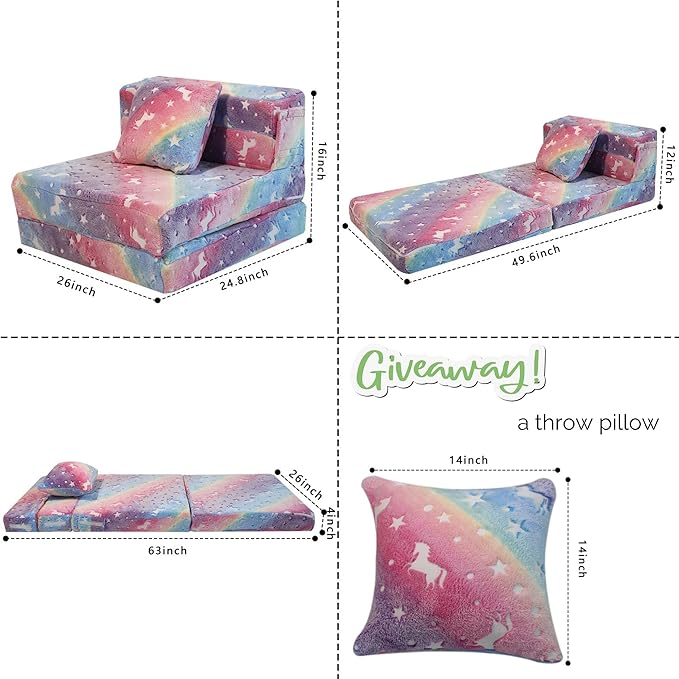 MeMoreCool Glow Rainbow Unicorn Tri-fold Sofa Bed for Kids, Foldable Futon Mattress, Chair, and Floor Couch for Playroom