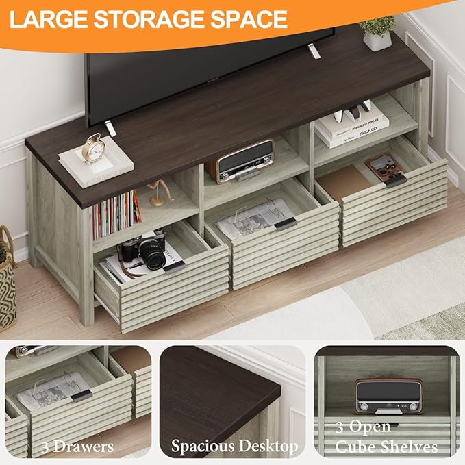 BON AUGURE TV Stand, Mid Century Modern for 55/60/65 inch TV, Farmhouse TV Stand, Low Entertainment Center with Storage, TV and Media Console for Living Room, Walnut Washed Grey
