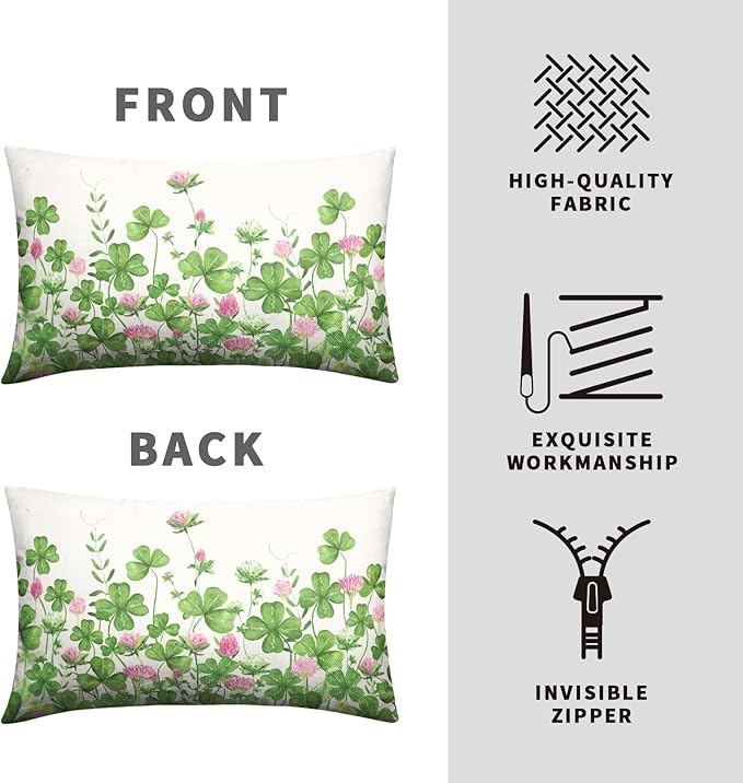 Green Shamrock St Patricks Day Lumbar Pillow Covers 12x20 Set of 2 Watercolor Lucky Clovers Floral Pillow Cover Spring St. Patrick's Day Outdoor Decorative Pillow Case for Home Couch Sofa