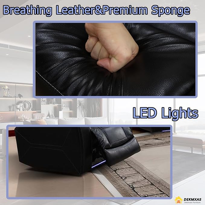 Power Recliner Sofa Couch, Living Room Furniture Sets, Black Breathing Leather Power Reclining Chair with USB Port/Recliner Seat/Storage Armrest/Cup Holder/LED for Living Room